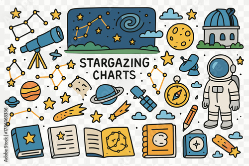 Celestial Doodle Showcase. Stargazing charts. Hand-drawn doodle illustration constellations (colored), stars (colored), planets (colored), moon (colored),