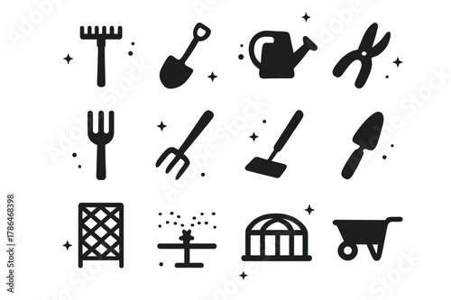Garden Tools Icons. garden tools. Solid icons set of garden tools: rake, shovel, watering can, pruning shears, garden fork, cultivator, hoe, trowel, trellis,