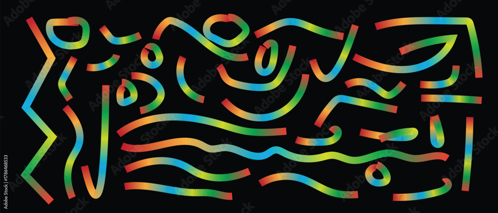 Obraz premium Colorful abstract gradient lines pattern on black background modern neon vector design with fluid shapes, motion flow, and artistic wave elements for creative projects