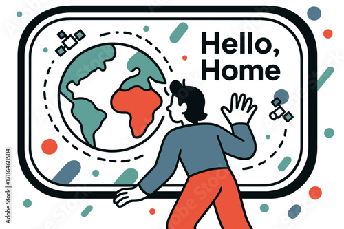 Welcome Home Vista. Panoramic Window View. A traveler presses a palm to the glass as continents slide by; text ?Hello, Home? floats in friendly type. Tiny