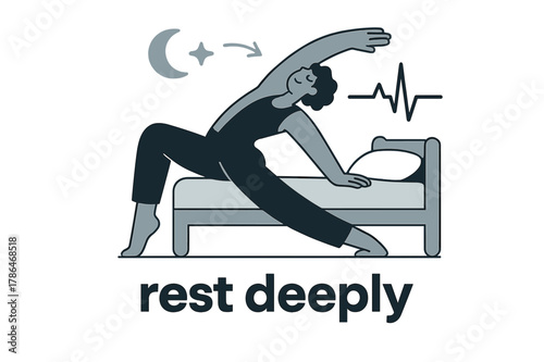 Dynamic Sleep Visualization. Exercise ? Better Sleep. A figure stretches into a bed shape; floating moon and star icons fade into a heartbeat line. Caption