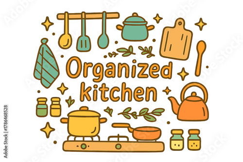 Doodle Kitchen Art. Organized kitchen. Hand-drawn doodle illustration of organized kitchen. Pots, pans,