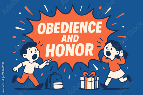 Obedience and Honor. Obedience and Honor banner, flat vector illustration, bold oversized text inside splash explosion banner, cartoon characters running and