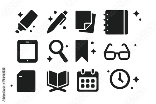 Study Tools Icons. Reading and Study Tools. Solid icons set of Reading and Study Tools: highlighter, pen, sticky notes, notebook, tablet, magnifier, bookmark,
