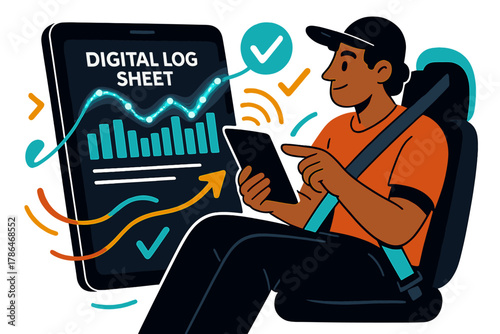 Digital Log Entry. Digital log sheet. Driver entering information on tablet or mobile device; glowing data