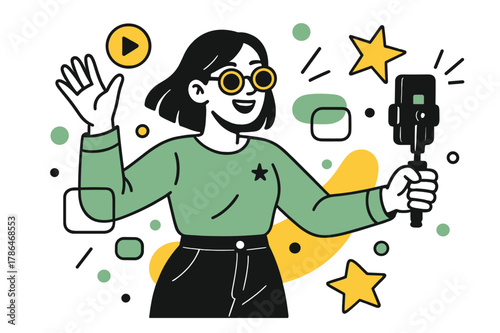 Influencer Video Recording. Celebrity Influencer. Influencer recording a video with smartphone with floating abstract geometric icons and colorful accents,