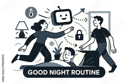 AI Home Harmony. AI Assistants ? Smart Home Steward. The assistant orchestrates lights, thermostat, and locks; dotted signals flow house-wide. Tag ?good night