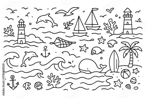 Ocean Doodle Elements. ocean landscape. Hand-drawn doodle illustration ocean landscape waves, seagulls, lighthouses, sailboats, anchors, fishing