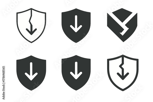 Risk Shield Variations. Risk of loss. Set Logo of Risk of loss: broken shield with downward arrow. harmonious logo variations of the same emblematic concept,