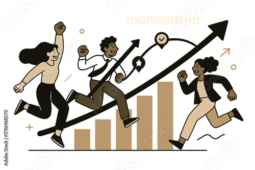 Momentum in Motion. Pitch Deck ? Traction & Growth. Bars and curves soar upward; milestone icons pulse at key dates. Label ?momentum.? glows at peak. Modern