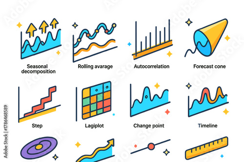 Time Series Icons Grid. Time series analysis. Colorful isometric vector icons set of Time series analysis: seasonal decomposition chart, rolling average line,