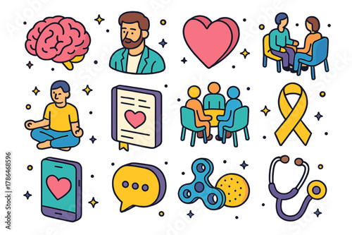 Mindfulness Icons. Mindfulness practice. Colorful isometric vector icons set of mindfulness practice: brain, therapist, heart, counseling session, mindfulness