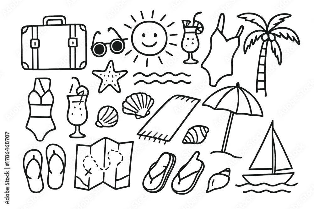 Obraz premium Beach Vacation Icons. Beach vacation. Hand-drawn doodle illustration beach vacation suitcase, sunglasses, cocktail, swimsuit, beach umbrella, towel, shell,