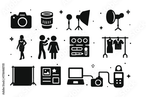 Fashion Iconography Essentials. Fashion Shoot. Solid icons set of Fashion Shoot: camera body, prime lens, softbox, reflector, model, stylist, makeup kit,