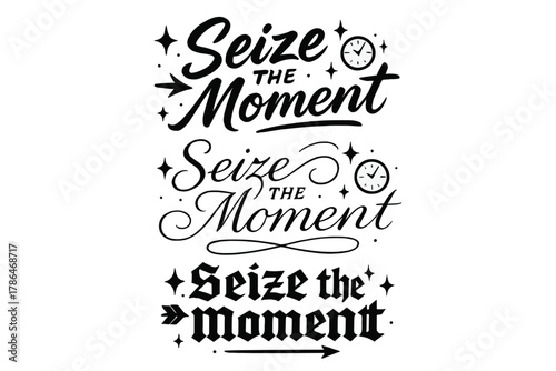 Expressive Calligraphy Styles. Seize the Moment. Create a calligraphy lettering illustration of the phrase: