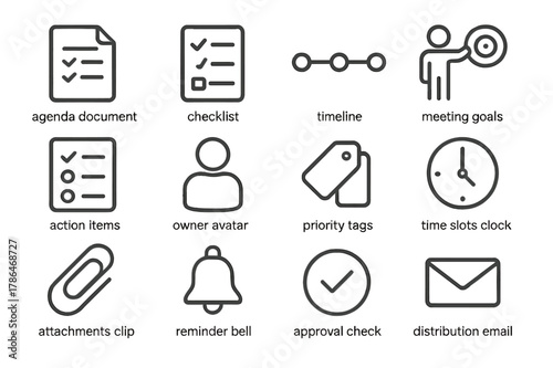 Agenda Planning Icons. Agenda Planning. Line icon set of Agenda Planning: agenda document, checklist, timeline, meeting goals, action items, owner avatar,