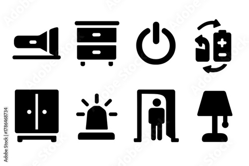 Home Use Icon Set. Home use. Filled icon set of home use: flashlight on table, nightstand, power button,