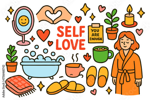 Cozy Self-Love Icons. Self love. Colorful Hand-drawn doodle Children illustration Self love mirror, heart hands, cozy robe, candle, book, bath bubbles, plant,