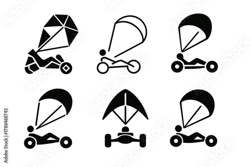 Kite Buggy Logos. Kite buggy. Set Logo of Kite buggy: traction kite towing sand buggy. harmonious logo variations of the same emblematic concept, each with