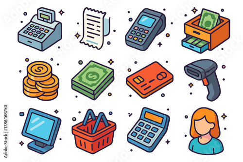 Retail Icon Set. Retail store icons. Colorful isometric vector icons set of retail store icons: cash register, receipt, POS system, cash drawer, coins, dollar
