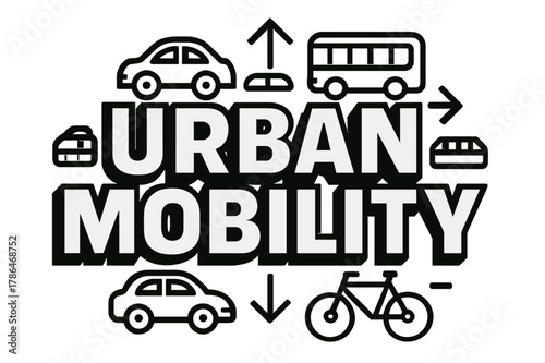 Urban Mobility Art. Bold Block Lettering ? "Urban Mobility" in massive bold geometric letters, stacked block composition, heavy outlines with subtle drop