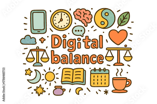 Digital Balance Doodle. Digital balance. Hand-drawn doodle illustration of digital balance. Smartphone, clock,