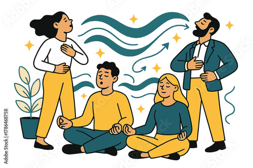 Mindful Office Retreat. Digital detox for employees. Team practicing breathing exercises in office courtyard with abstract floating waves, arrows,