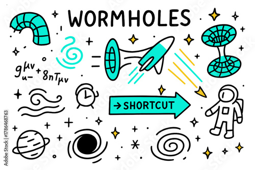 Wormhole Doodle Adventure. // Wormholes. Hand-drawn doodle illustration Wormholes [curved tunnel (accented), two connected portals (accented), spaceship