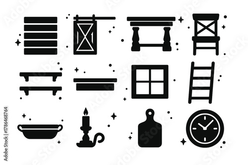 Farmhouse Icons Grid. Farmhouse style with reclaimed wood. Solid icons set of Farmhouse style with reclaimed wood: shiplap wall, sliding barn door, farmhouse