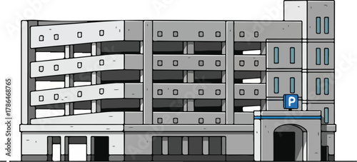 Illustration of a Modern Multi Story Parking Garage Structure with Slanted Ramps