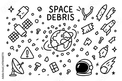 Space Debris Doodles. Space debris. Hand-drawn doodle illustration space debris satellite, rocket fragment, broken antenna, orbit path, Earth, space junk