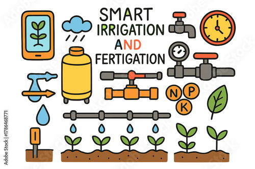 Smart Agriculture Doodles. Smart irrigation and fertigation. Colorful Hand-drawn doodle Children illustration Smart irrigation and fertigation drip line,