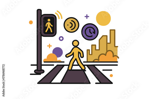 Smart Traffic Signals. Pedestrian-Aware Traffic Lights. A crosswalk with glowing pedestrian signals; floating