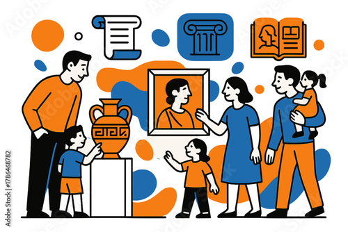 Heritage Exploration Journey. Cultural exploration. Families view ancient pottery, paintings, and statues with