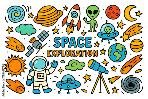 Cosmic Adventure Doodle. Space Exploration. Colorful Hand-drawn doodle Children illustration Space Exploration, planets, stars, rockets, astronauts, aliens,