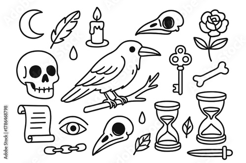 Raven and Skulls Illustration. Raven and skulls. Hand-drawn doodle illustration Raven and skulls human skull, crow skull, feather, candle, bone, rose, branch,