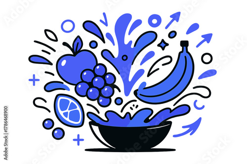 Fruit Explosion Art. Creative fruit splash. Fruit bowl exploding into abstract shapes and splashes of juice;