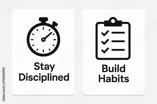 Stay Disciplined Banner. Discipline. Two vertical A6 banners with safe margins, centered composition, no elements touching edges, flat vector design, black and