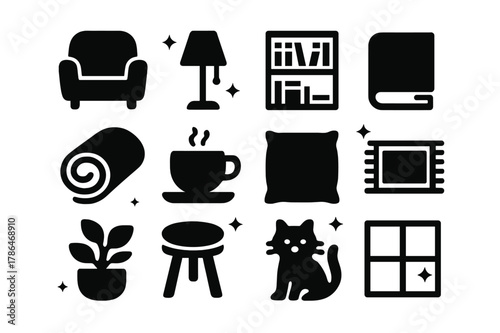 Cozy Reading Icons. Book Nook Essentials. Solid icons set of Book Nook Essentials: armchair, lamp, bookshelf, book, blanket, coffee cup, cushion, rug, plant,