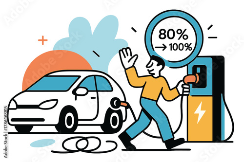 Electric Car Charging. EV Charging Hub. A car docks with a satisfying click; a haloed screen reads ?% > %.? Cable loops form friendly spirals on the ground.