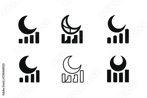 Sleep Recovery Logos. Sleep and recovery. Set Logo of Sleep and recovery: crescent moon over recovery graph. harmonious logo variations of the same emblematic