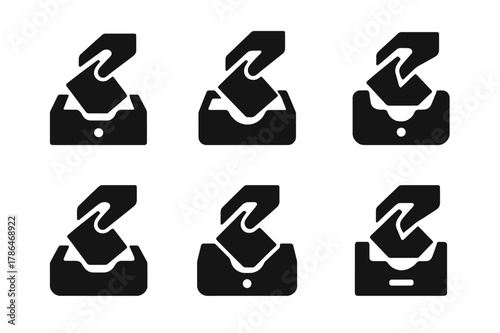Organizing Icon Grid. Cleaning Out a Drawer. Set Logo of Organizing Icon: Filled silhouette, Abstract geometric, Negative space, Symmetrical form, Stylized