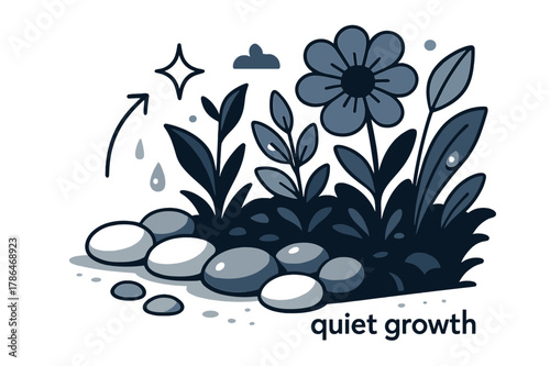 Serene Garden Artistry. Pebble ? Garden Corner. Pebbles line a flower bed with soft shadows; droplets glint after rain. Label ?quiet growth? in small script