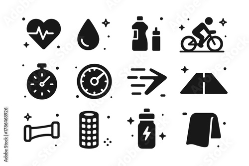 Beach Cycling Icons. Fitness cycling by the beach. Solid icons set of Fitness cycling by the beach: heart rate monitor, sweat drop, energy gel, interval timer,