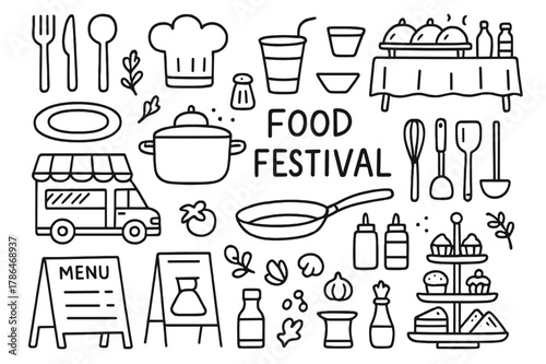 Food Festival Doodles. Food festival. Hand-drawn doodle illustration Food festival, food truck, chef hat, utensils, plates, cups, napkins, menu board, cooking