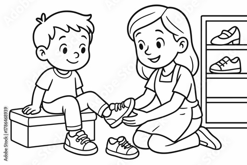 Shoe Fitting Fun. Shoe fitting children?s coloring book illustration, outlined drawing, child trying on shoes