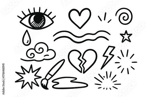 Emotional Doodle Icons. Emotional art. Hand-drawn doodle illustration emotional art eye, tear, heart, swirling line, brush, paint stroke, wave, explosion,