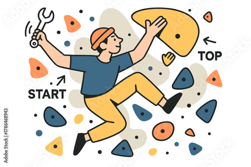 Route Setting Constellation. Route Setter at Work. A wrench spins as a setter places a bright sloper; arrows label ?Start / Zone / Top.? Holds float in a