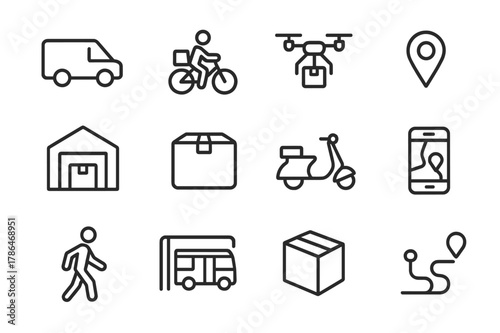Last-Mile Connectivity Icons. Last-mile connectivity. Line icon set of last-mile connectivity: delivery van, bicycle courier, drone, map marker, warehouse,