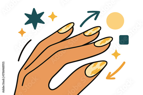 Foil Nails Elegance. Foil nails. Side view of hand showing foiled nail manicure with abstract floating sparkles, arrows, and geometric shapes; emphasizes